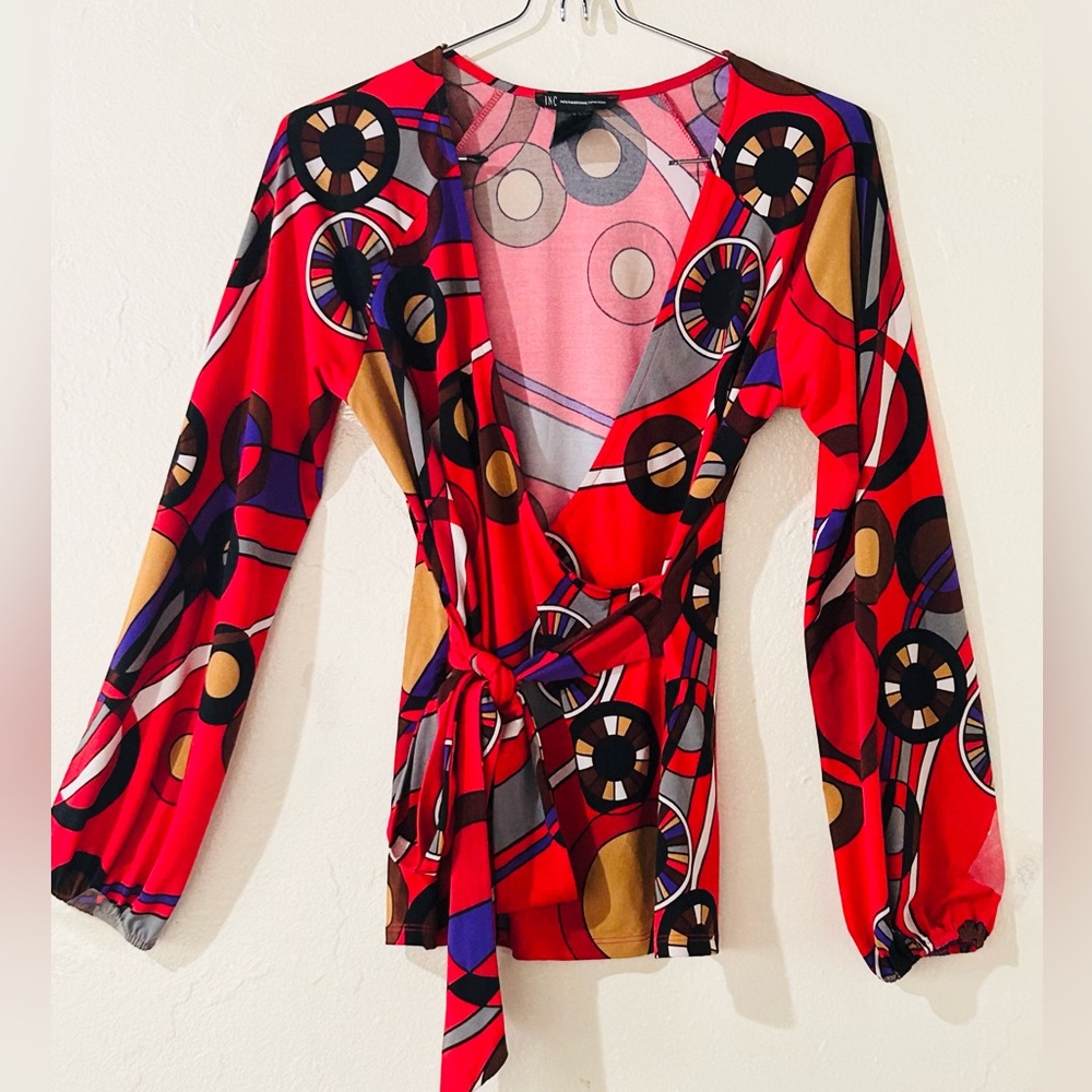 Vintage Red Abstract Print Long  Sleeve Wrap Top
